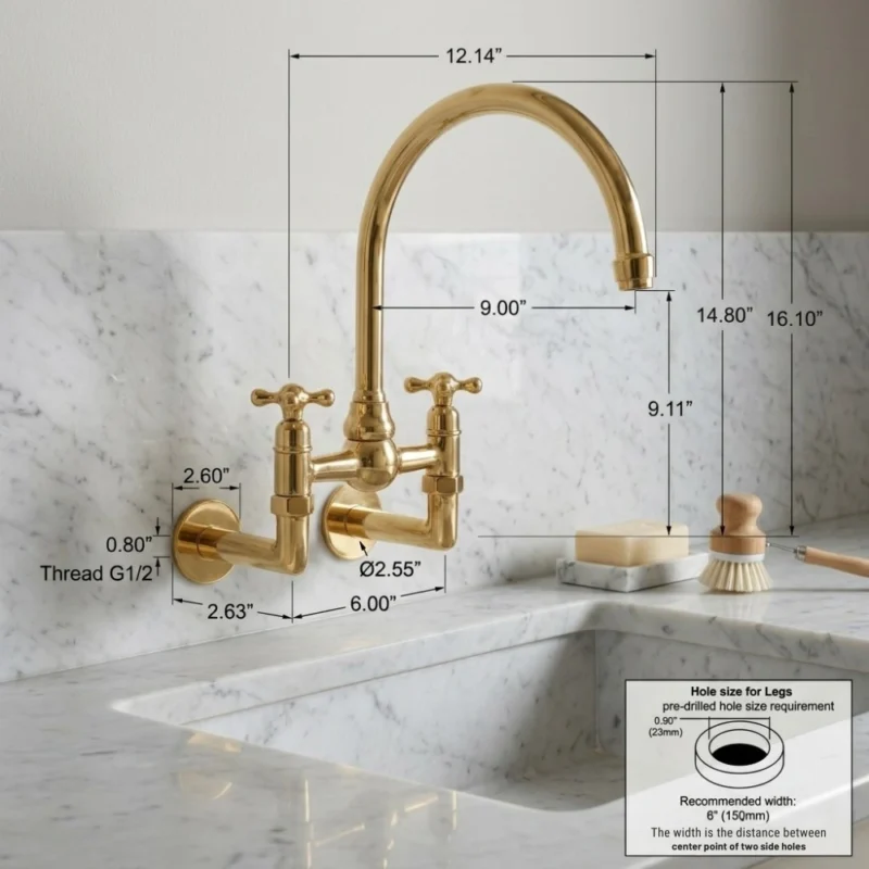 Luxembourg - Unlacquered Brass Wall-Mounted Bridge Kitchen Faucet
