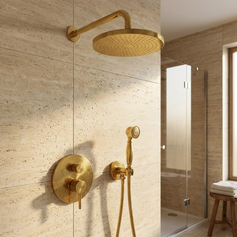 Brass rain shower head with matching handheld and controls mounted on a beige stone-tiled wall, glass enclosure and wooden stool nearby.