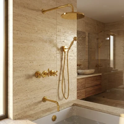 Beige travertine bathroom with brass rain shower head, handheld shower, tub spout, and wood vanity with stone vessel sink.