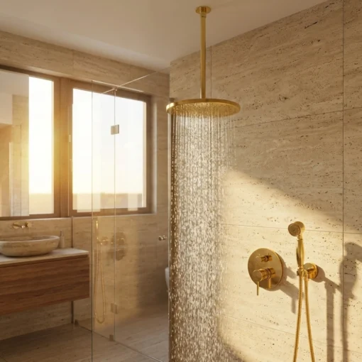 Ceiling-mounted round gold rain showerhead spraying water inside a glass-enclosed bathroom with beige stone tiles and brass fixtures.