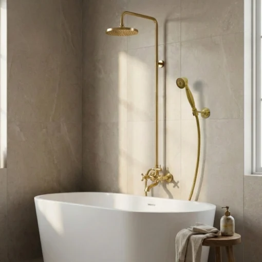 White freestanding bathtub with brass overhead and handheld shower against beige tiled wall; wood stool with soap and towel.