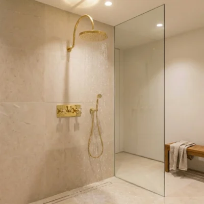 Modern walk-in shower with brass rain shower and handheld, beige stone tiles, clear glass partition, and a wooden bench with towel.