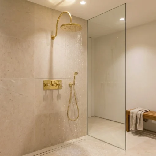 Modern walk-in shower with brass rain shower and handheld, beige stone tiles, clear glass partition, and a wooden bench with towel.