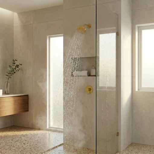 Modern beige-tiled bathroom with a gold brass showerhead spraying water into a glass-enclosed shower, niche holding a towel and bottle.