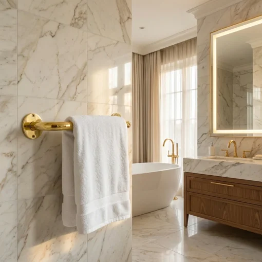 White towel hanging on a solid brass towel bar in a marble bathroom with freestanding tub, gold faucets, and wooden vanity.