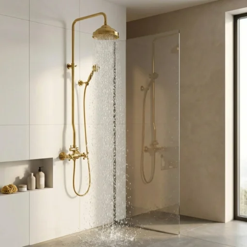 Brass rain shower with handheld spraying water in a minimalist bathroom, glass partition and shelf with bottles.
