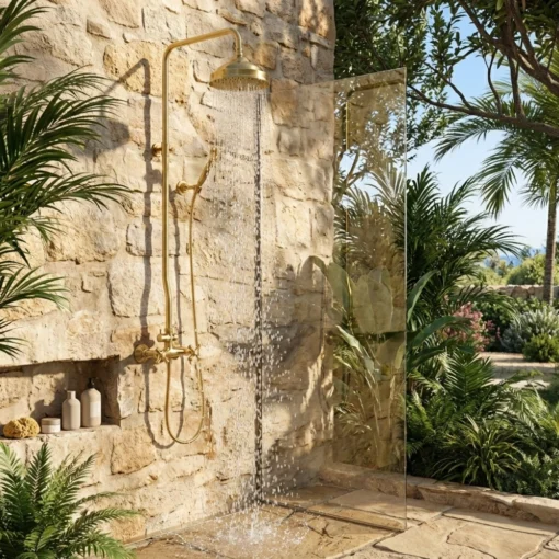 Outdoor brass rain shower mounted on a rustic stone wall with glass partition, water flowing, surrounded by tropical plants.