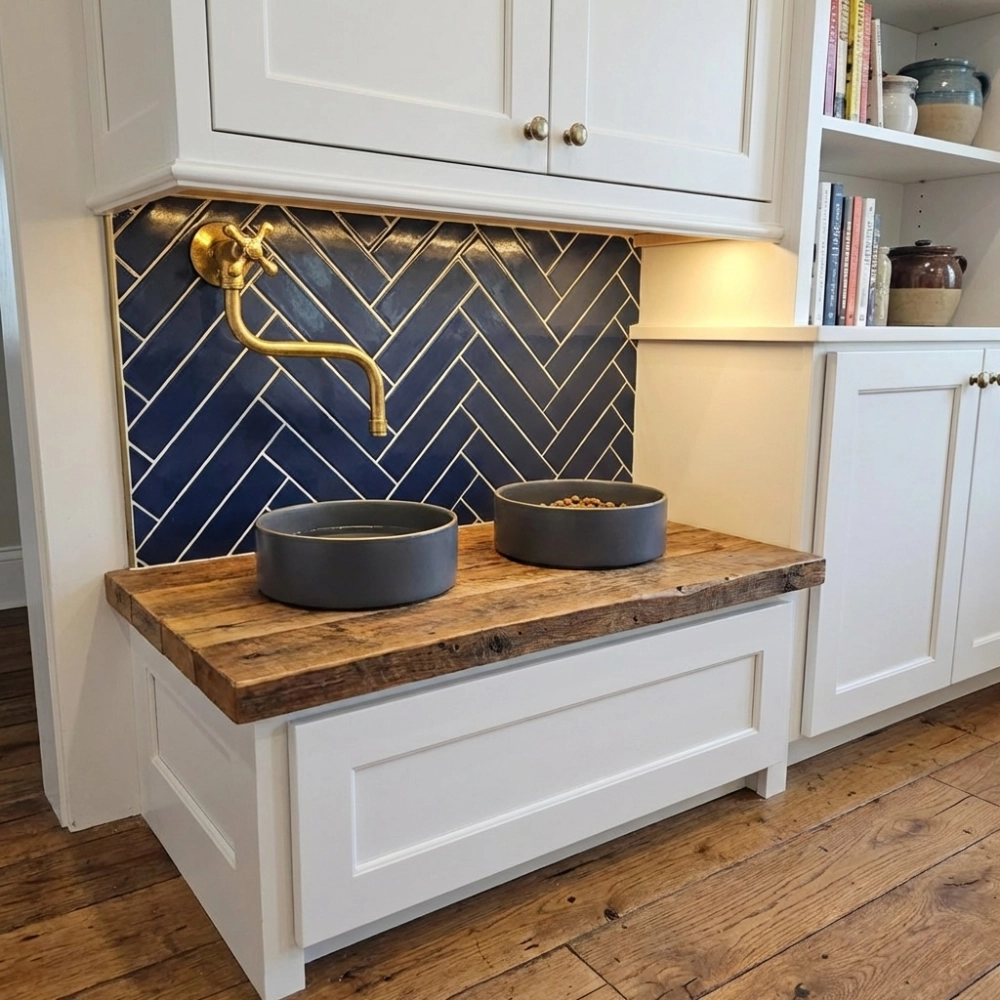Built-in pet feeding station: two gray bowls (water and kibble) on reclaimed wood bench, navy herringbone backsplash and brass spout.