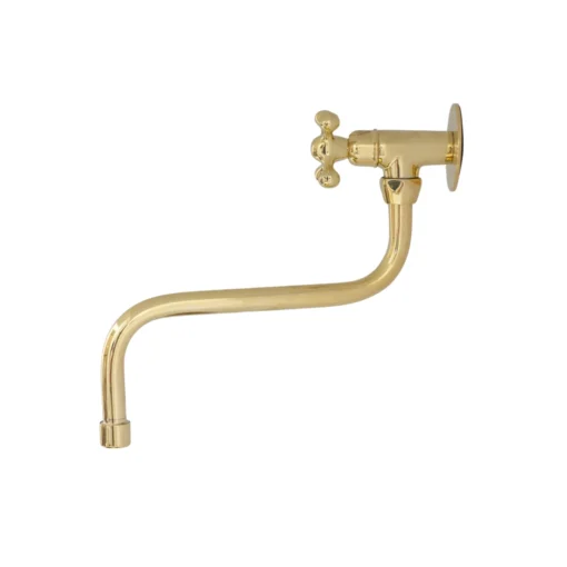 Wall-mounted brass faucet with a cross-style handle and a long curved spout against a white background.