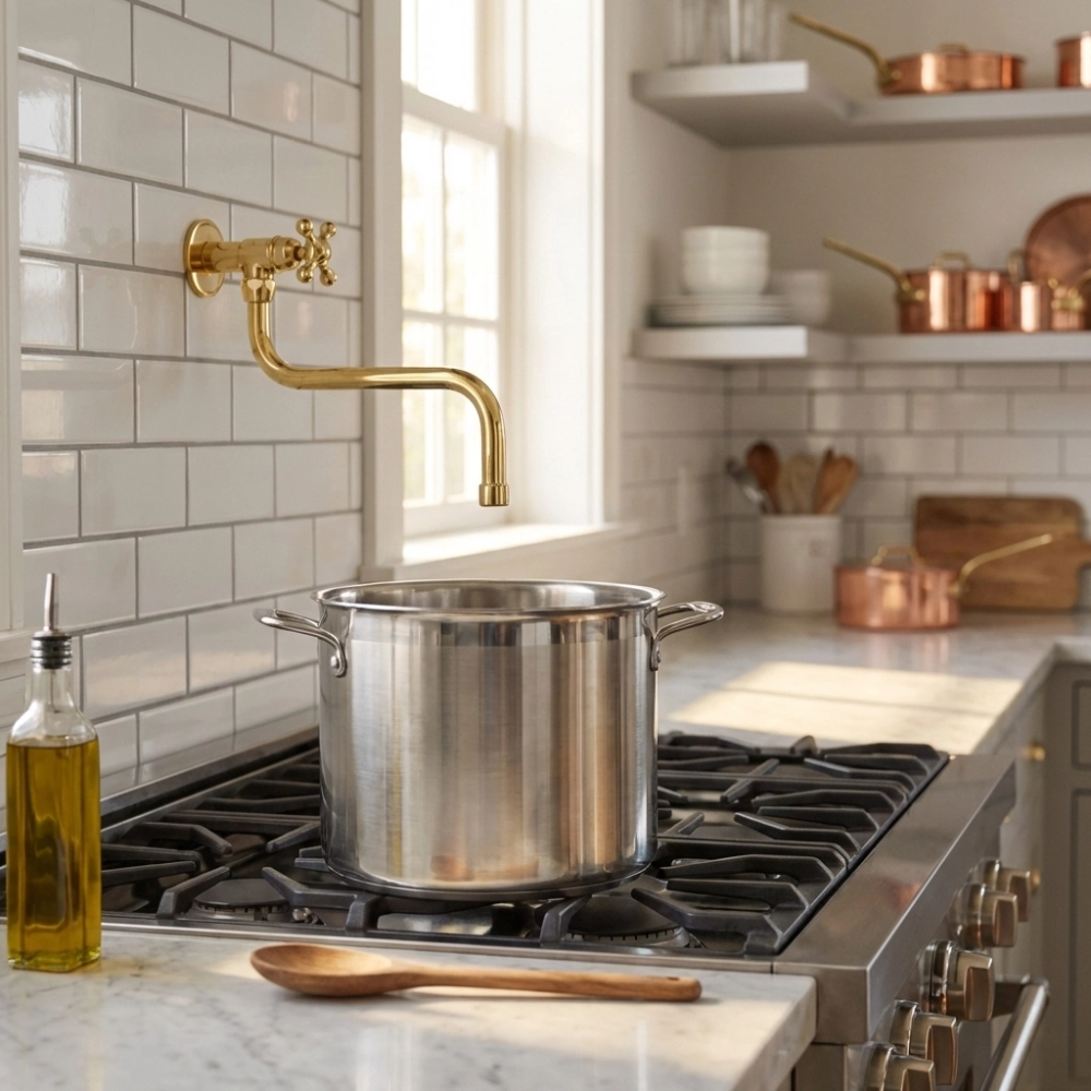 Stainless stockpot on a gas stove under a brass wall pot filler, with an olive oil bottle and wooden spoon on a marble counter.