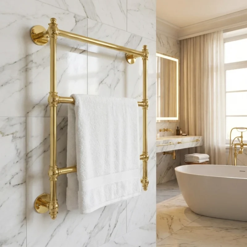Polished brass wall-mounted towel warmer holding a white towel on a marble bathroom wall, freestanding tub visible in the background