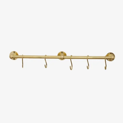 Polished brass wall-mounted rail with five S-shaped hooks and three round wall flanges