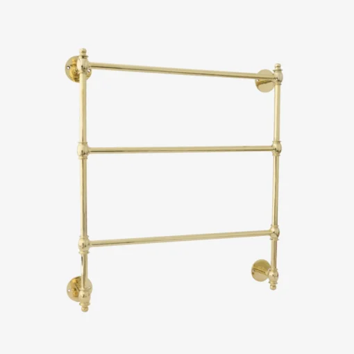 Wall-mounted brass towel rack with three horizontal bars and decorative round mounting plates.