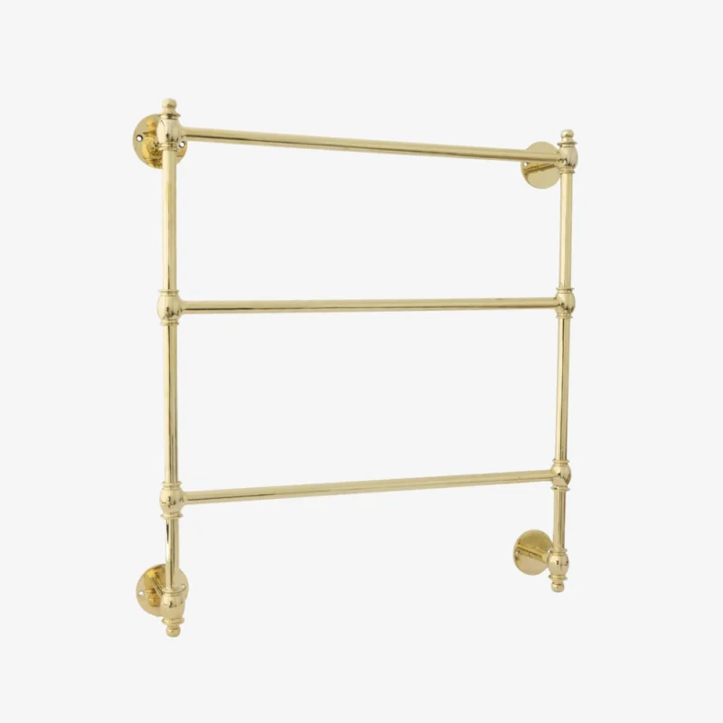 Wall-mounted brass towel rack with three horizontal bars and decorative round mounting plates.