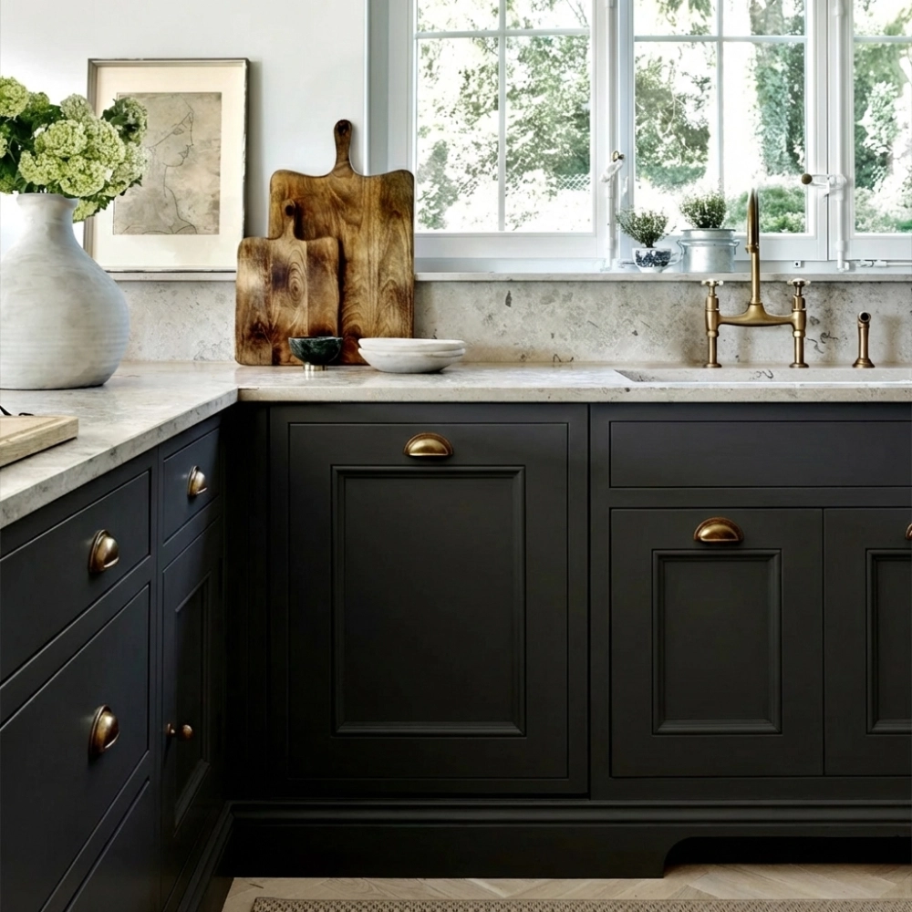 Dark gray cabinets with brass cup pulls, marble countertop with cutting boards, a vase of green flowers, and a brass faucet.