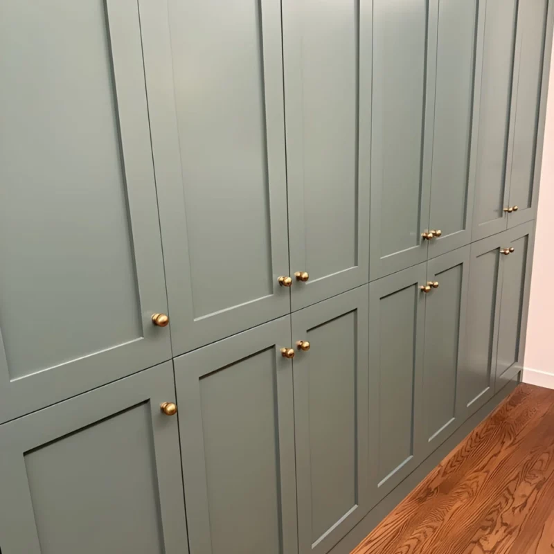 Pale green built-in shaker cabinets with round brass knobs lining a hallway above a hardwood floor.