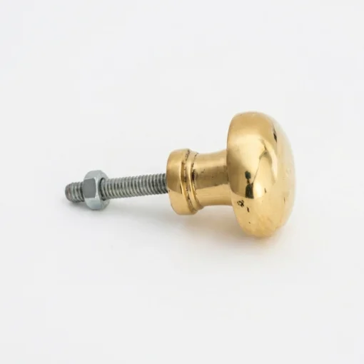 Round brass drawer knob with threaded steel bolt and hex nut resting on a white background.