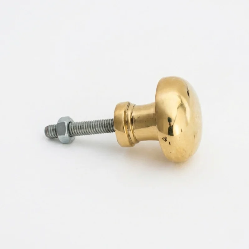 Round brass drawer knob with threaded steel bolt and hex nut resting on a white background.