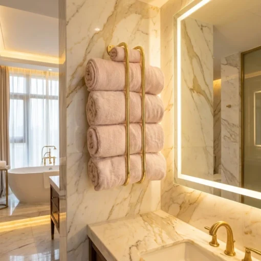 brass vertical towel rack on marble wall holding six rolled beige towels beside a backlit mirror and freestanding tub