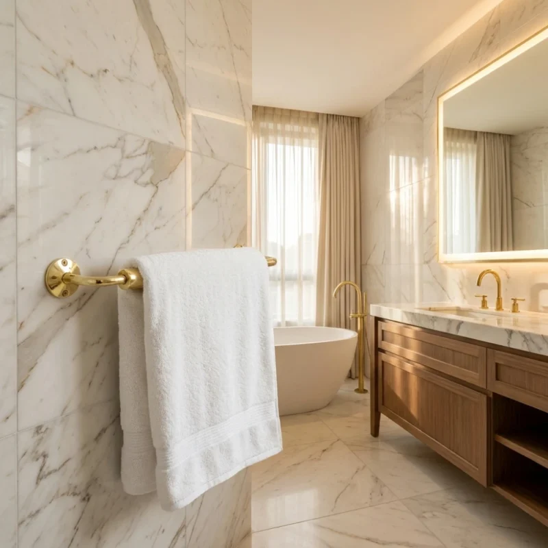 White towel hanging on a brass towel bar in a marble bathroom with freestanding tub, wooden vanity, and backlit mirror.