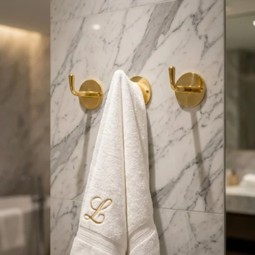 White towel embroidered with gold L hanging on a central brass hook against veined marble, flanked by two empty brass hooks.