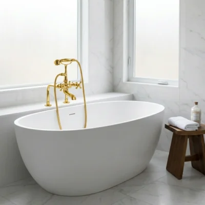 Freestanding white oval bathtub with brass faucet and handheld, marble walls and frosted windows, wooden stool with folded towel and bottle