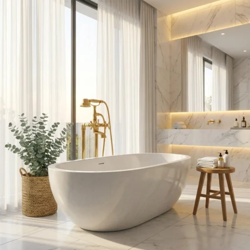 White oval freestanding tub with brass floor faucet in marble bathroom by tall window, wicker basket and stool with towels.