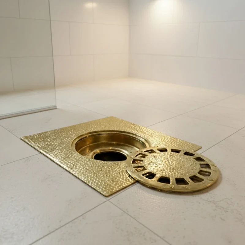 hammered Brass floor drain with textured square flange and round perforated cover removed, resting on light tiled shower floor.