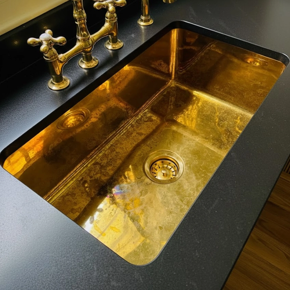 brass rectangular sink with round drain and vintage-style brass faucet set in a black countertop