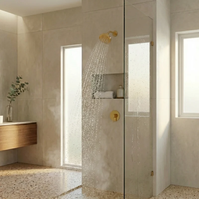 Modern beige-tiled bathroom with a gold brass showerhead spraying water into a glass-enclosed shower, niche holding a towel and bottle.