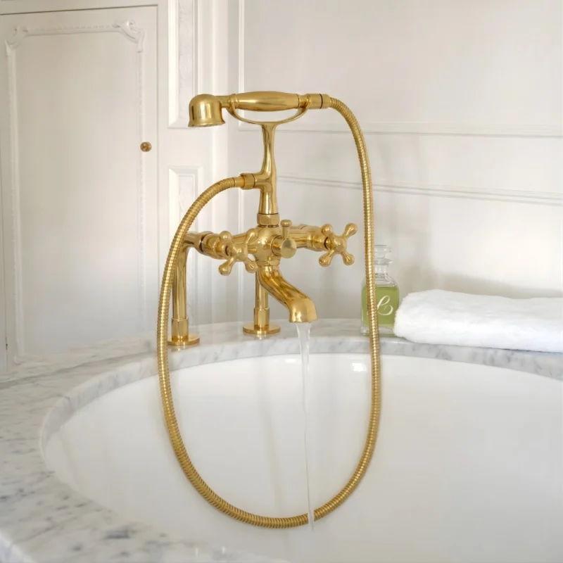 Le Flux - Unlacquered Brass Deck Mount Tub Filler With Handheld Shower