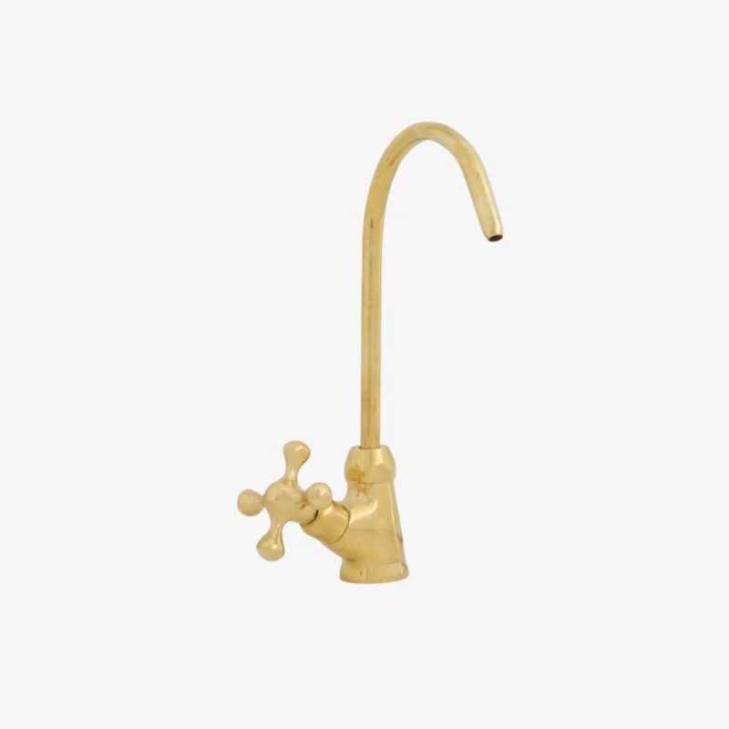 brass water filter faucet with a high curved spout and a single cross-shaped handle on a white background.