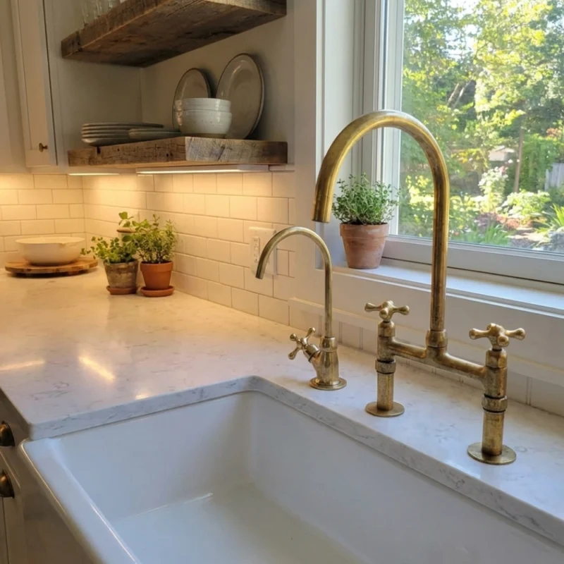 Farmhouse white apron-front sink with brass gooseneck faucet and cross-handle taps on marble countertop under a window with potted herbs