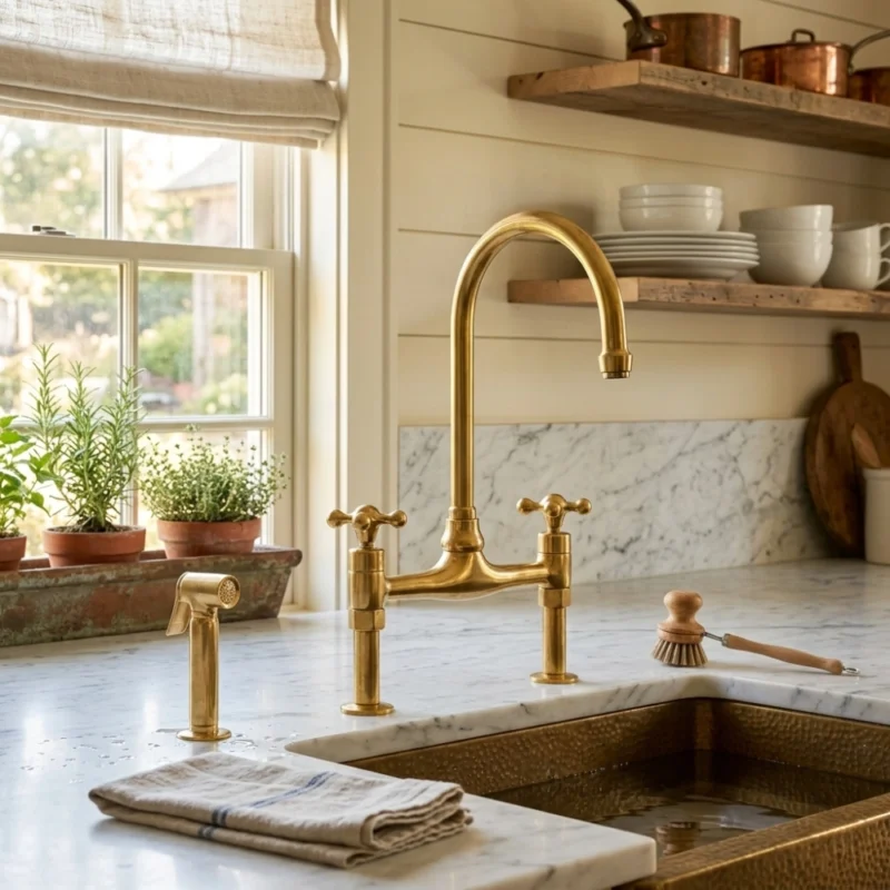 Le Temple - Unlacquered Brass Bridge Kitchen Faucet 2 hole