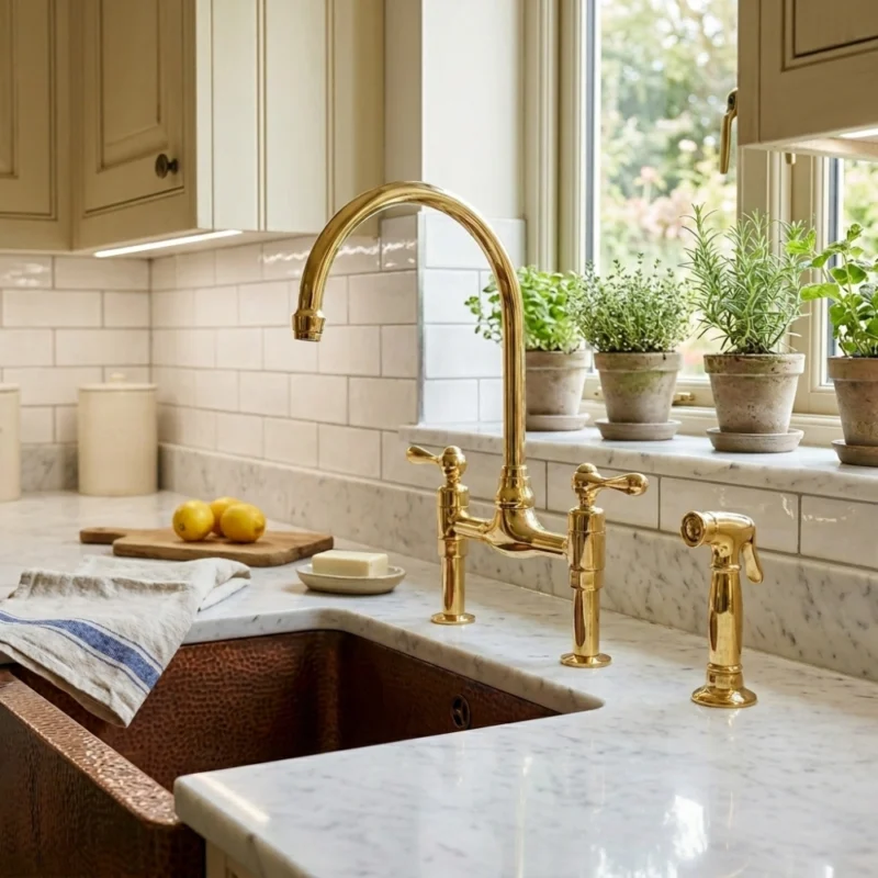 Le Temple - Unlacquered Brass Bridge Kitchen Faucet 2 hole