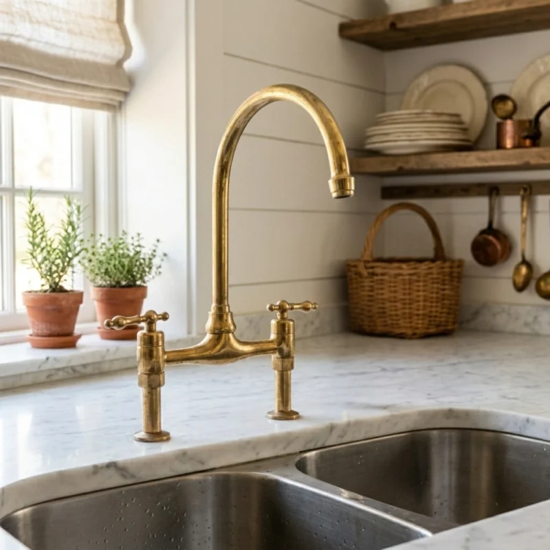 Le Temple - Unlacquered Brass Bridge Kitchen Faucet 2 hole