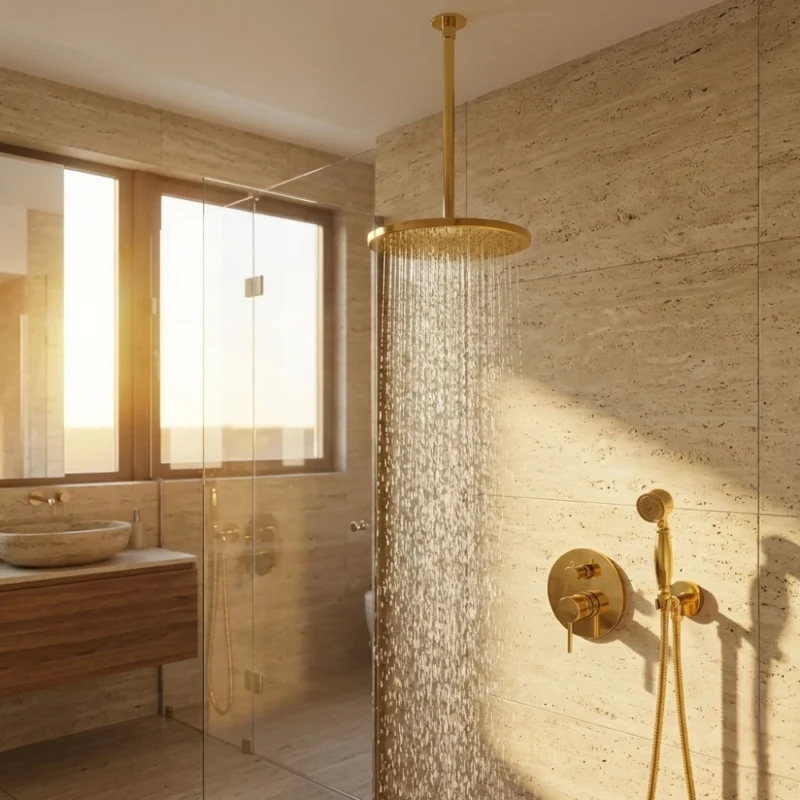 Ceiling-mounted round gold rain showerhead spraying water inside a glass-enclosed bathroom with beige stone tiles and brass fixtures.