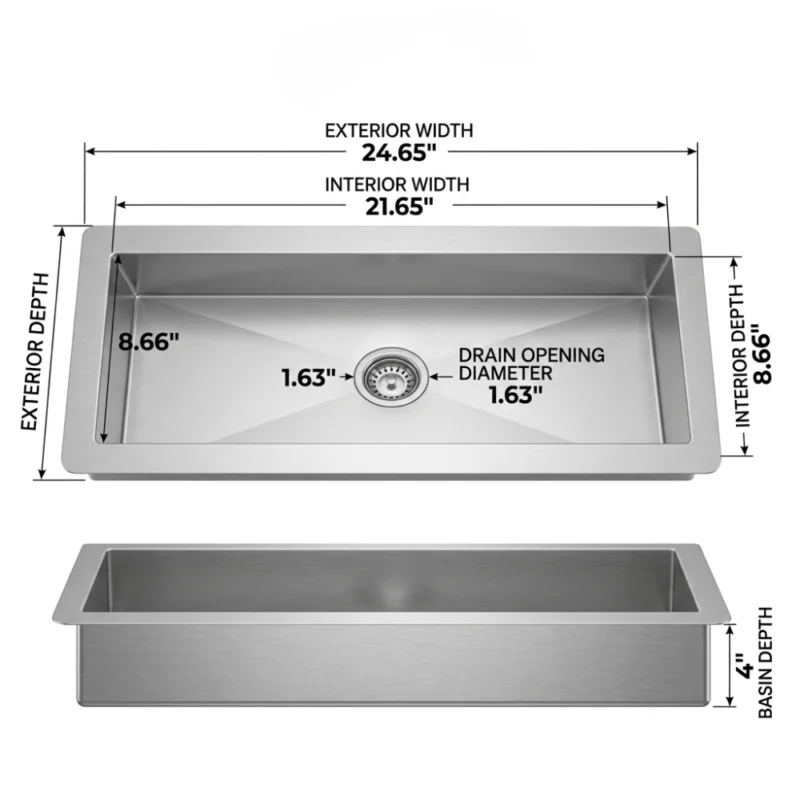 Stainless steel rectangular single-basin sink with labeled dimensions: exterior width 24.65 in, interior width 21.65 in, depth 8.66 in, basin depth 4 in, drain 1.63 in