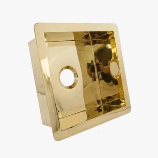 Brass square recessed basin with two circular cutouts and reflective interior