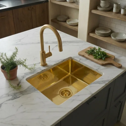 White marble kitchen island with brass undermount sink and matching faucet, potted herb and cutting board with greens.