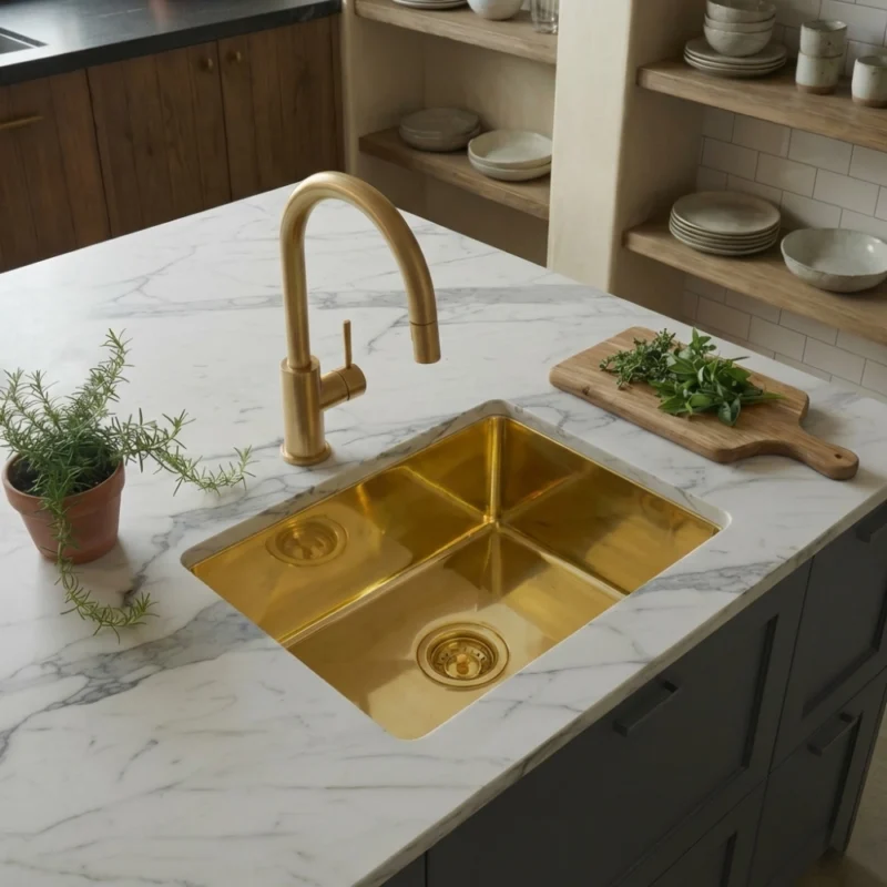 White marble kitchen island with brass undermount sink and matching faucet, potted herb and cutting board with greens.