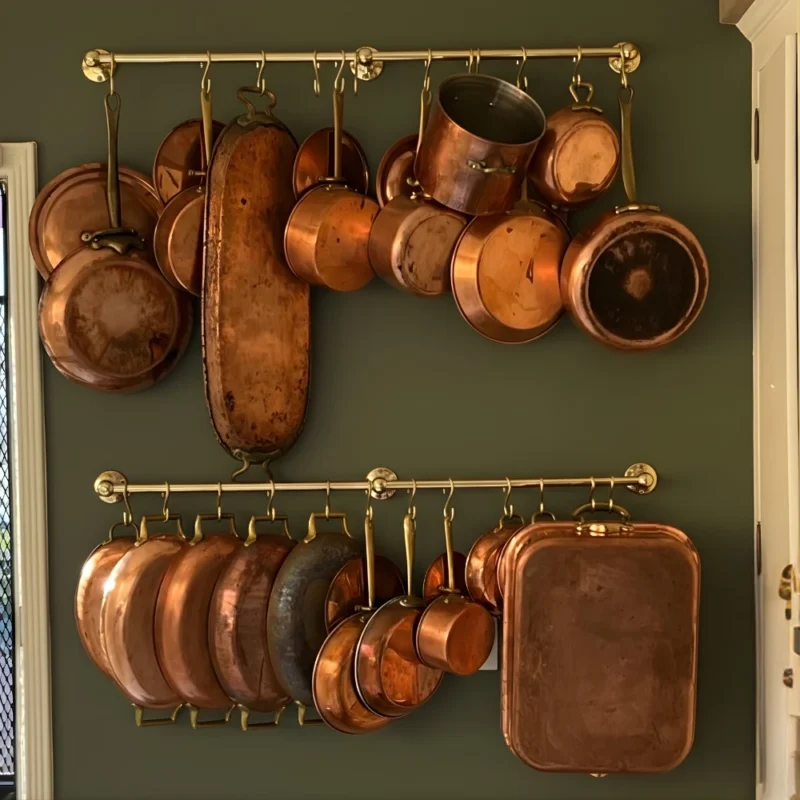Assorted vintage copper pots, pans, and a rectangular roasting pan hanging on brass rails against a green wall.