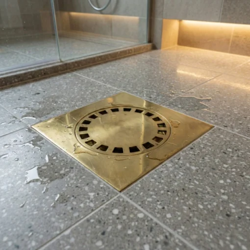 unlacquered Brass square floor drain with circular perforated cover on wet gray terrazzo shower tile.