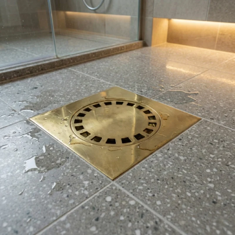 unlacquered Brass square floor drain with circular perforated cover on wet gray terrazzo shower tile.