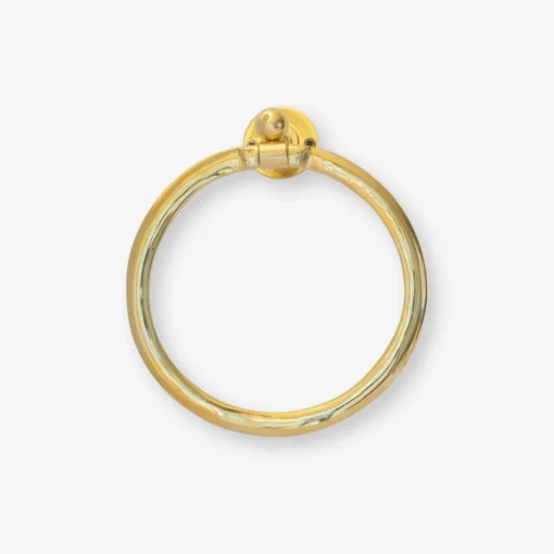 brass circular towel ring mounted on a small round wall bracket against a white background.