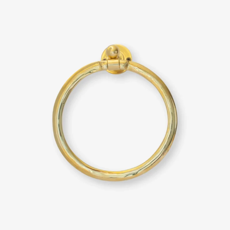 brass circular towel ring mounted on a small round wall bracket against a white background.