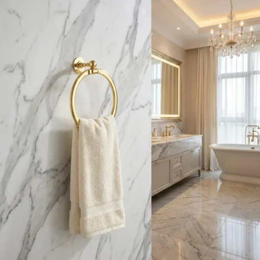 brass towel ring with a cream towel on white marble wall beside a luxurious bathroom with a freestanding tub.