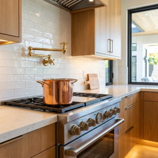Copper stockpot on stainless gas range beneath a brass pot-filler, with white subway tile backsplash and wood cabinets.