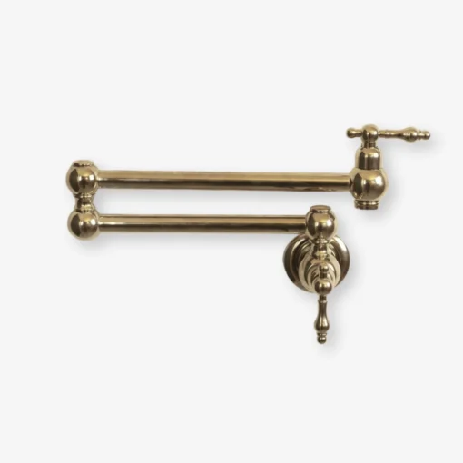 brass wall-mounted pot filler with two swing arms and an ornate lever-style handle.
