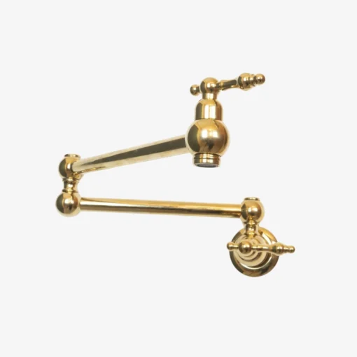 brass wall-mounted pot-filler faucet with two hinged swing arms and cross-style handles.